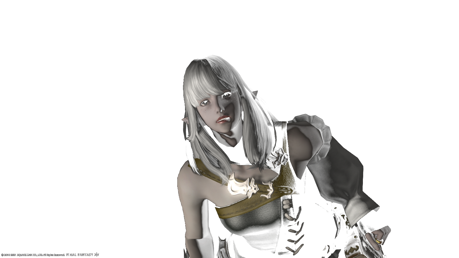 Claire Obscur, a duskwight elezen with pale hair, half-lit against black
